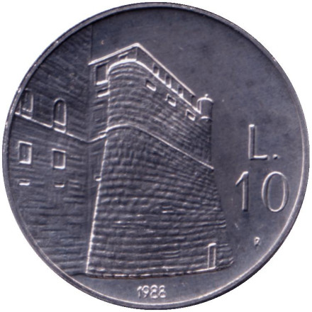 Монета 10 лир. 1988 год, Сан-Марино. Фортификация. Театральный бастион.