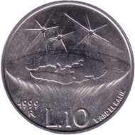 Монета 10 лир. 1999 год, Сан-Марино. Модель плоской Земли. Монета 10 лир. 1999 год, Сан-Марино. Модель плоской Земли.