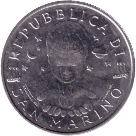 Монета 10 лир. 1999 год, Сан-Марино. Модель плоской Земли.
