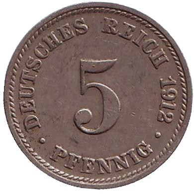 Монета 5 пфеннигов. 1912 год (D), Германская империя.