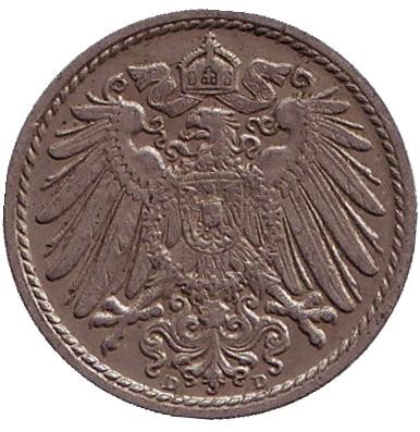 Монета 5 пфеннигов. 1912 год (D), Германская империя. Монета 5 пфеннигов. 1912 год (D), Германская империя.