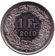 Монета 1 франк. 2010 (В) год, Швейцария. Гельвеция. Монета 1 франк. 2010 (В) год, Швейцария. Гельвеция.