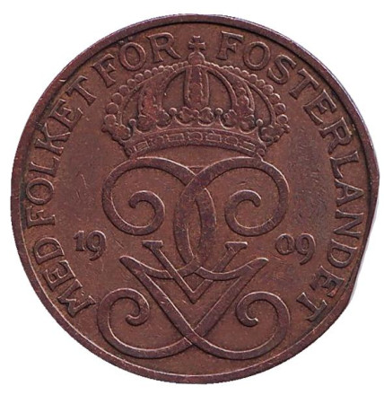 Монета 5 эре. 1909 год, Швеция. (малый крест)