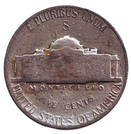 Монета 5 центов. 1944 год (S), США. Джефферсон. Монтичелло.