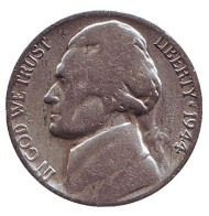 Монета 5 центов. 1944 год (S), США. Джефферсон. Монтичелло. Монета 5 центов. 1944 год (S), США. Джефферсон. Монтичелло.