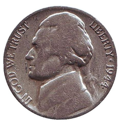 Монета 5 центов. 1944 год (S), США. Джефферсон. Монтичелло.