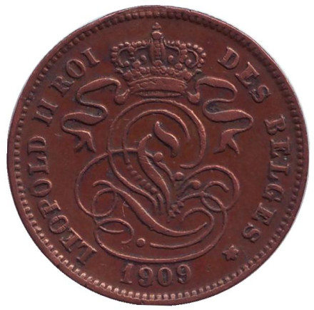 Монета 2 сантима. 1909 год, Бельгия. (Des Belges)