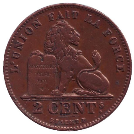 Монета 2 сантима. 1909 год, Бельгия. (Des Belges)