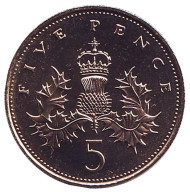 Монета 5 пенсов. 1984 год, Великобритания. BU. Монета 5 пенсов. 1984 год, Великобритания. BU.