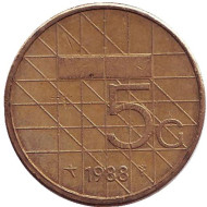 Монета 5 гульденов. 1988 год, Нидерланды. Монета 5 гульденов. 1988 год, Нидерланды.