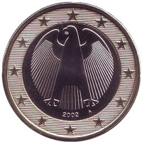 Монета 1 евро. 2002 год (A), Германия.