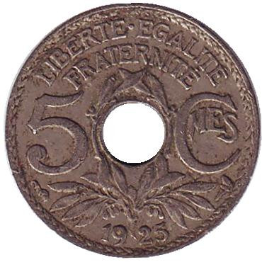 Монета 5 сантимов. 1925 год, Франция.