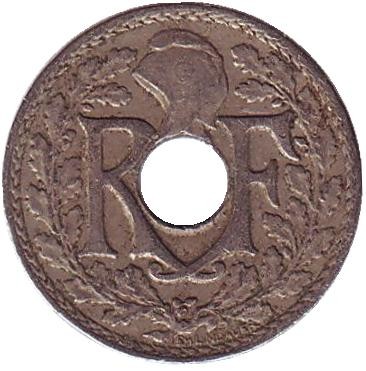 Монета 5 сантимов. 1925 год, Франция.