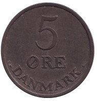 Монета 5 эре. 1960 год, Дания. (Цинк). Монета 5 эре. 1960 год, Дания. (Цинк).