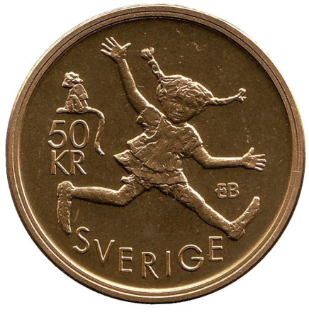 Монета 50 крон. 2002 год, Швеция. Астрид Линдгрен.