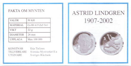 Монета 50 крон. 2002 год, Швеция. Астрид Линдгрен. Монета 50 крон. 2002 год, Швеция. Астрид Линдгрен.