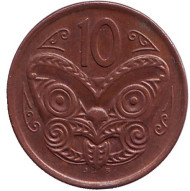 Монета 10 центов. 2007 год, Новая Зеландия. Маска маори. Монета 10 центов. 2007 год, Новая Зеландия. Маска маори.