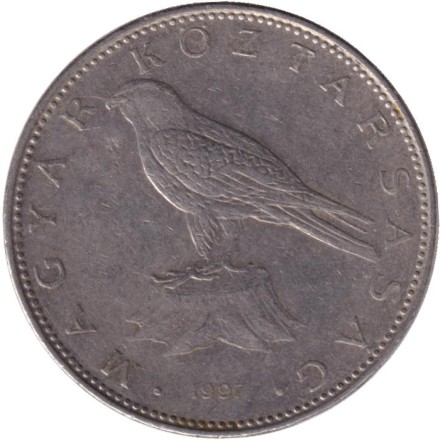 Монета 50 форинтов. 1997 год, Венгрия. Сокол (Балобан).