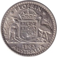 Монета 2 шиллинга (флорин). 1963 год, Австралия. Монета 2 шиллинга (флорин). 1963 год, Австралия.