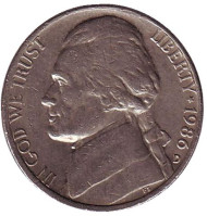Монета 5 центов. 1986 год (D), США. Джефферсон. Монтичелло. Монета 5 центов. 1986 год (D), США. Джефферсон. Монтичелло.