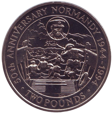Монета 2 фунта. 1994 год, Гернси. 50 лет высадке в Нормандии.