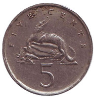 Монета 5 центов. 1986 год, Ямайка. Острорылый крокодил. Монета 5 центов. 1986 год, Ямайка. Острорылый крокодил.