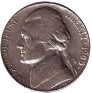 Монета 5 центов. 1968 год (S), США. Джефферсон. Монтичелло. Монета 5 центов. 1968 год (S), США. Джефферсон. Монтичелло.
