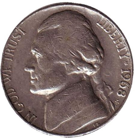 Монета 5 центов. 1968 год (S), США. Джефферсон. Монтичелло.
