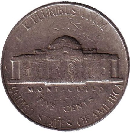 Монета 5 центов. 1968 год (S), США. Джефферсон. Монтичелло.