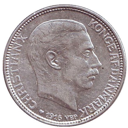 Монета 1 крона. 1916 год, Дания. Король Кристиан X. Монета 1 крона. 1916 год, Дания. Король Кристиан X.