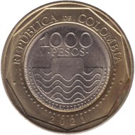 Монета 1000 песо. 2021 год, Колумбия. Морская черепаха.