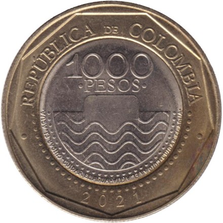 Монета 1000 песо. 2021 год, Колумбия. Морская черепаха.