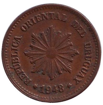 Монета 2 сентесимо. 1948 год, Уругвай. Монета 2 сентесимо. 1948 год, Уругвай.