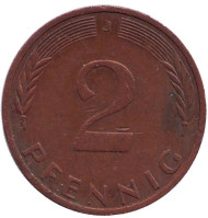 Монета 2 пфеннига. 1974 год (J), ФРГ. Дубовые листья. Монета 2 пфеннига. 1974 год (J), ФРГ. Дубовые листья.