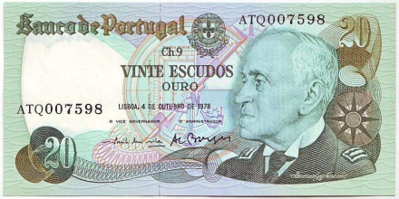 Банкнота 20 эскудо. 1978 год, Португалия. Карлуш Гагу Коутиньо.