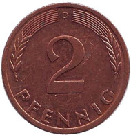 Монета 2 пфеннига. 1994 год (D), ФРГ. Дубовые листья. Монета 2 пфеннига. 1994 год (D), ФРГ. Дубовые листья.