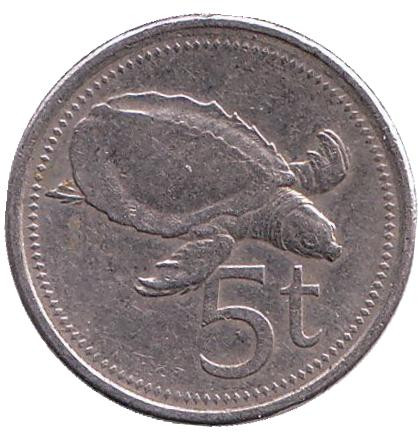 Монета 5 тойа, 1996 год, Папуа-Новая Гвинея. Свиноносая черепаха.