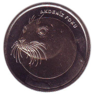 Монета 1 лира. 2013 год, Турция. Белобрюхий тюлень. (Тюлень-Монах). Монета 1 лира. 2013 год, Турция. Белобрюхий тюлень. (Тюлень-Монах).