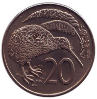 Монета 20 центов. 1974 год, Новая Зеландия. UNC. Киви (птица). Монета 20 центов. 1974 год, Новая Зеландия. UNC. Киви (птица).