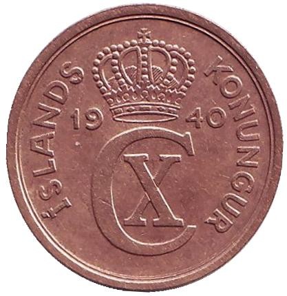 Монета 2 аурара. 1940 год, Исландия. Монета 2 аурара. 1940 год, Исландия.