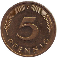 Монета 5 пфеннигов. 1994 год (D), ФРГ. Дубовые листья. Монета 5 пфеннигов. 1994 год (D), ФРГ. Дубовые листья.