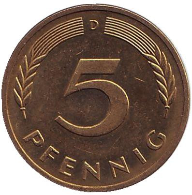 Монета 5 пфеннигов. 1994 год (D), ФРГ. Дубовые листья.