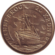 Монета 20 крон. 2008 год, Дания. Королевская яхта Dannebrog. Монета 20 крон. 2008 год, Дания. Королевская яхта Dannebrog.