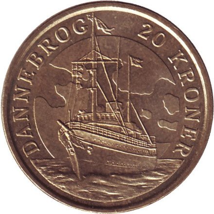 Монета 20 крон. 2008 год, Дания. Королевская яхта Dannebrog.