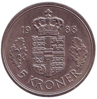 Монета 5 крон. 1988 год, Дания.