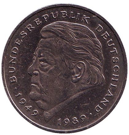 Монета 2 марки. 1990 год (G), ФРГ. Франц Йозеф Штраус.