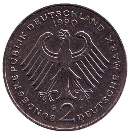 Монета 2 марки. 1990 год (G), ФРГ. Франц Йозеф Штраус.