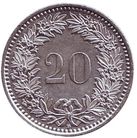 Монета 20 раппенов. 2007 год, Швейцария.