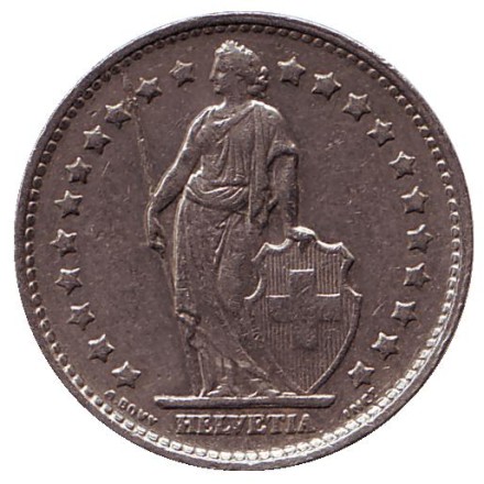 Монета 1 франк. 1970 год, Швейцария. Гельвеция.