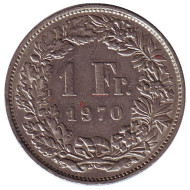 Монета 1 франк. 1970 год, Швейцария. Гельвеция. Монета 1 франк. 1970 год, Швейцария. Гельвеция.